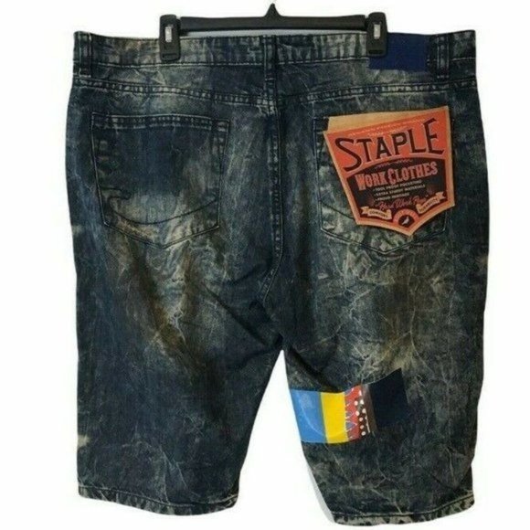Staple Pigeon Jean Shorts Mens 40 Distressed Patches Blue Hand Sanding NEW - Picture 11 of 12